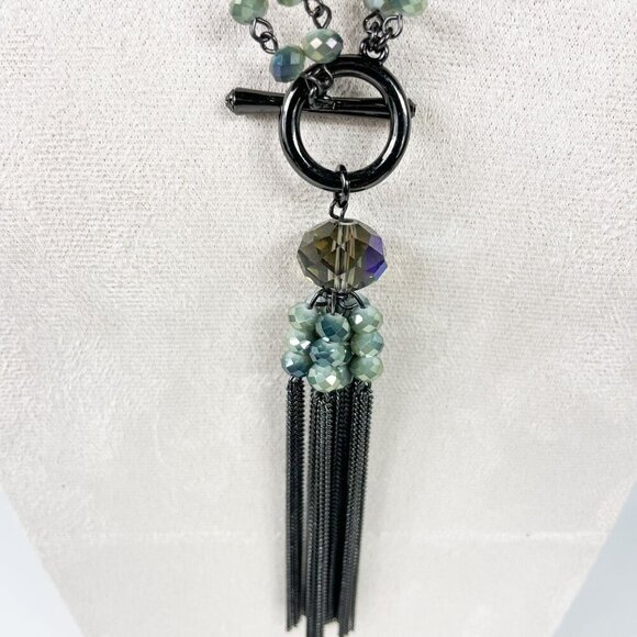 Gunmetal Toggle Clasp Chain Tassel Smoky Grey Green Beaded Sautoir Necklace - Picture 3 of 4